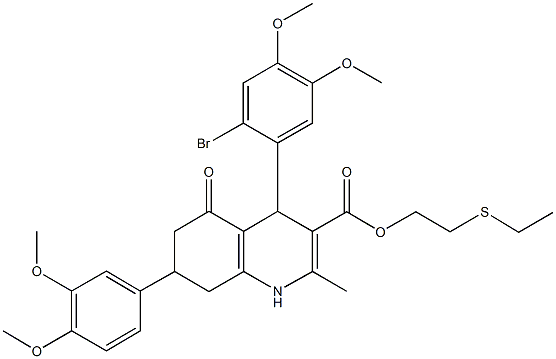 2-(ethylsulfanyl)ethyl 4-(2-bromo-4,5-dimethoxyphenyl)-7-(3,4-dimethoxyphenyl)-2-methyl-5-oxo-1,4,5,6,7,8-hexahydro-3-quinolinecarboxylate Struktur