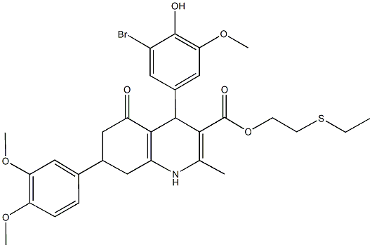 2-(ethylsulfanyl)ethyl 4-(3-bromo-4-hydroxy-5-methoxyphenyl)-7-(3,4-dimethoxyphenyl)-2-methyl-5-oxo-1,4,5,6,7,8-hexahydro-3-quinolinecarboxylate Struktur