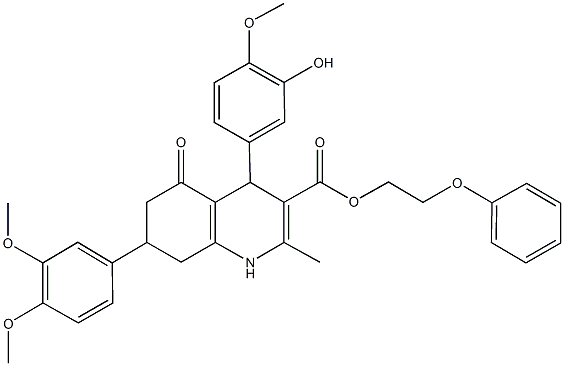 2-phenoxyethyl 7-(3,4-dimethoxyphenyl)-4-(3-hydroxy-4-methoxyphenyl)-2-methyl-5-oxo-1,4,5,6,7,8-hexahydro-3-quinolinecarboxylate Struktur