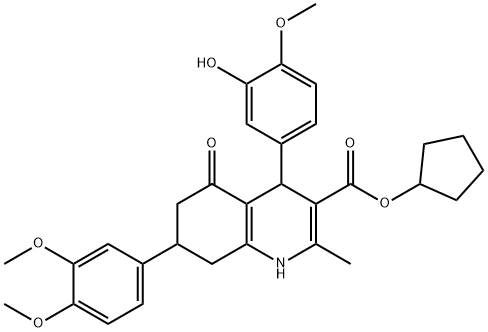 cyclopentyl 7-(3,4-dimethoxyphenyl)-4-(3-hydroxy-4-methoxyphenyl)-2-methyl-5-oxo-1,4,5,6,7,8-hexahydro-3-quinolinecarboxylate Struktur