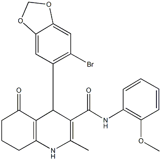 4-(6-bromo-1,3-benzodioxol-5-yl)-N-(2-methoxyphenyl)-2-methyl-5-oxo-1,4,5,6,7,8-hexahydro-3-quinolinecarboxamide Struktur