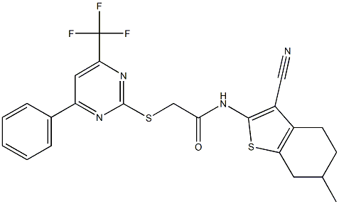 N-(3-cyano-6-methyl-4,5,6,7-tetrahydro-1-benzothien-2-yl)-2-{[4-phenyl-6-(trifluoromethyl)-2-pyrimidinyl]sulfanyl}acetamide Struktur