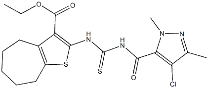 ethyl 2-[({[(4-chloro-1,3-dimethyl-1H-pyrazol-5-yl)carbonyl]amino}carbothioyl)amino]-5,6,7,8-tetrahydro-4H-cyclohepta[b]thiophene-3-carboxylate Struktur