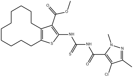 methyl 2-[({[(4-chloro-1,3-dimethyl-1H-pyrazol-5-yl)carbonyl]amino}carbothioyl)amino]-4,5,6,7,8,9,10,11,12,13-decahydrocyclododeca[b]thiophene-3-carboxylate Struktur