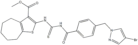 methyl 2-{[({4-[(4-bromo-1H-pyrazol-1-yl)methyl]benzoyl}amino)carbothioyl]amino}-5,6,7,8-tetrahydro-4H-cyclohepta[b]thiophene-3-carboxylate Struktur