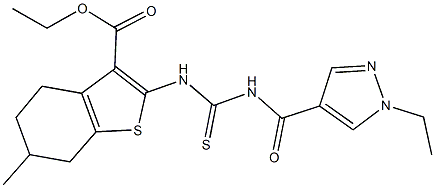 ethyl 2-[({[(1-ethyl-1H-pyrazol-4-yl)carbonyl]amino}carbothioyl)amino]-6-methyl-4,5,6,7-tetrahydro-1-benzothiophene-3-carboxylate Struktur