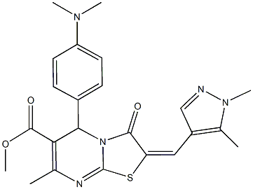 methyl 5-[4-(dimethylamino)phenyl]-2-[(1,5-dimethyl-1H-pyrazol-4-yl)methylene]-7-methyl-3-oxo-2,3-dihydro-5H-[1,3]thiazolo[3,2-a]pyrimidine-6-carboxylate Struktur