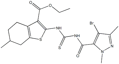 ethyl 2-[({[(4-bromo-1,3-dimethyl-1H-pyrazol-5-yl)carbonyl]amino}carbothioyl)amino]-6-methyl-4,5,6,7-tetrahydro-1-benzothiophene-3-carboxylate Struktur