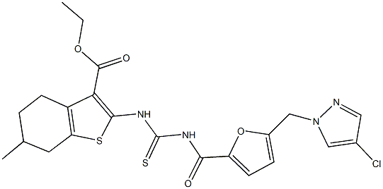 ethyl 2-{[({5-[(4-chloro-1H-pyrazol-1-yl)methyl]-2-furoyl}amino)carbothioyl]amino}-6-methyl-4,5,6,7-tetrahydro-1-benzothiophene-3-carboxylate Struktur