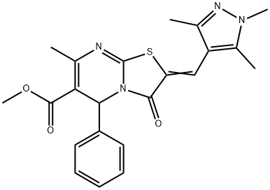 methyl 7-methyl-3-oxo-5-phenyl-2-[(1,3,5-trimethyl-1H-pyrazol-4-yl)methylene]-2,3-dihydro-5H-[1,3]thiazolo[3,2-a]pyrimidine-6-carboxylate Struktur