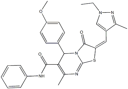 2-[(1-ethyl-3-methyl-1H-pyrazol-4-yl)methylene]-5-(4-methoxyphenyl)-7-methyl-3-oxo-N-phenyl-2,3-dihydro-5H-[1,3]thiazolo[3,2-a]pyrimidine-6-carboxamide Struktur