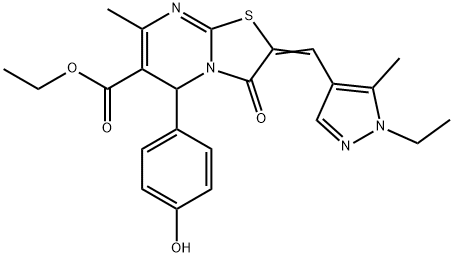 ethyl 2-[(1-ethyl-5-methyl-1H-pyrazol-4-yl)methylene]-5-(4-hydroxyphenyl)-7-methyl-3-oxo-2,3-dihydro-5H-[1,3]thiazolo[3,2-a]pyrimidine-6-carboxylate Struktur