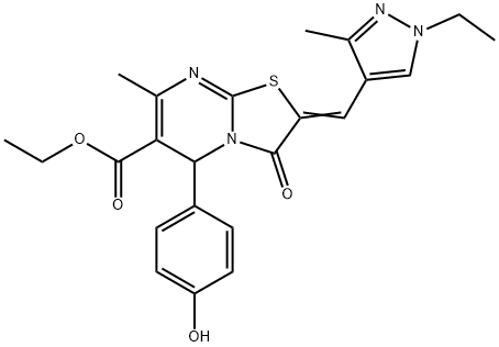 ethyl 2-[(1-ethyl-3-methyl-1H-pyrazol-4-yl)methylene]-5-(4-hydroxyphenyl)-7-methyl-3-oxo-2,3-dihydro-5H-[1,3]thiazolo[3,2-a]pyrimidine-6-carboxylate Struktur