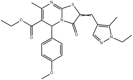 ethyl 2-[(1-ethyl-5-methyl-1H-pyrazol-4-yl)methylene]-5-(4-methoxyphenyl)-7-methyl-3-oxo-2,3-dihydro-5H-[1,3]thiazolo[3,2-a]pyrimidine-6-carboxylate Struktur