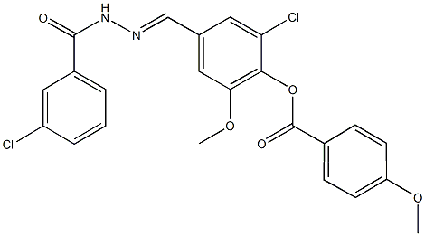 2-chloro-4-[2-(3-chlorobenzoyl)carbohydrazonoyl]-6-methoxyphenyl 4-methoxybenzoate Struktur