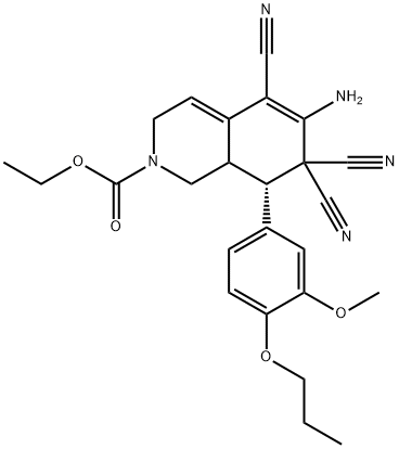 ethyl 6-amino-5,7,7-tricyano-8-(3-methoxy-4-propoxyphenyl)-3,7,8,8a-tetrahydro-2(1H)-isoquinolinecarboxylate Struktur