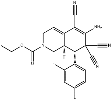 ethyl 6-amino-5,7,7-tricyano-8-(2,4-difluorophenyl)-3,7,8,8a-tetrahydro-2(1H)-isoquinolinecarboxylate Struktur