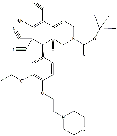 tert-butyl 6-amino-5,7,7-tricyano-8-{3-ethoxy-4-[2-(4-morpholinyl)ethoxy]phenyl}-3,7,8,8a-tetrahydro-2(1H)-isoquinolinecarboxylate Struktur