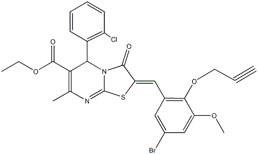 ethyl 2-[5-bromo-3-methoxy-2-(2-propynyloxy)benzylidene]-5-(2-chlorophenyl)-7-methyl-3-oxo-2,3-dihydro-5H-[1,3]thiazolo[3,2-a]pyrimidine-6-carboxylate Struktur