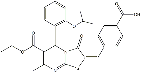 4-[(6-(ethoxycarbonyl)-5-(2-isopropoxyphenyl)-7-methyl-3-oxo-5H-[1,3]thiazolo[3,2-a]pyrimidin-2(3H)-ylidene)methyl]benzoic acid Struktur