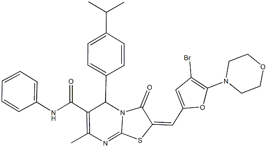 2-{[4-bromo-5-(4-morpholinyl)-2-furyl]methylene}-5-(4-isopropylphenyl)-7-methyl-3-oxo-N-phenyl-2,3-dihydro-5H-[1,3]thiazolo[3,2-a]pyrimidine-6-carboxamide Struktur