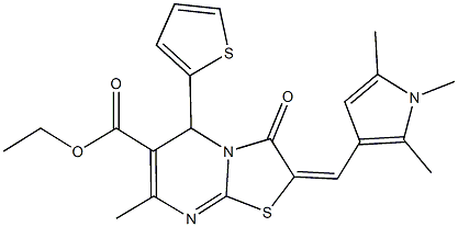 ethyl 7-methyl-3-oxo-5-(2-thienyl)-2-[(1,2,5-trimethyl-1H-pyrrol-3-yl)methylene]-2,3-dihydro-5H-[1,3]thiazolo[3,2-a]pyrimidine-6-carboxylate Struktur