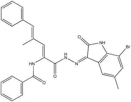 N-(1-{[2-(7-bromo-5-methyl-2-oxo-1,2-dihydro-3H-indol-3-ylidene)hydrazino]carbonyl}-3-methyl-4-phenyl-1,3-butadienyl)benzamide Struktur