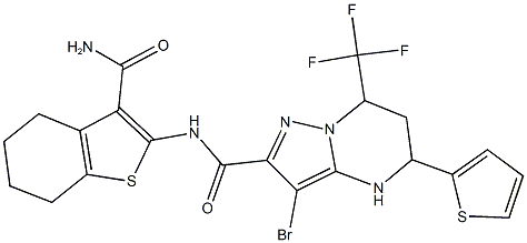 N-[3-(aminocarbonyl)-4,5,6,7-tetrahydro-1-benzothien-2-yl]-3-bromo-5-(2-thienyl)-7-(trifluoromethyl)-4,5,6,7-tetrahydropyrazolo[1,5-a]pyrimidine-2-carboxamide Struktur