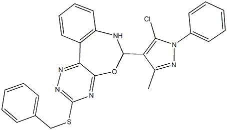 3-(benzylsulfanyl)-6-(5-chloro-3-methyl-1-phenyl-1H-pyrazol-4-yl)-6,7-dihydro[1,2,4]triazino[5,6-d][3,1]benzoxazepine Struktur