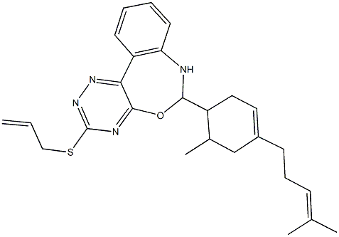 3-(allylsulfanyl)-6-[6-methyl-4-(4-methyl-3-pentenyl)-3-cyclohexen-1-yl]-6,7-dihydro[1,2,4]triazino[5,6-d][3,1]benzoxazepine Struktur