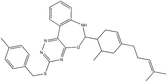 3-[(4-methylbenzyl)sulfanyl]-6-[6-methyl-4-(4-methyl-3-pentenyl)-3-cyclohexen-1-yl]-6,7-dihydro[1,2,4]triazino[5,6-d][3,1]benzoxazepine Struktur