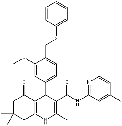 4-{3-methoxy-4-[(phenylsulfanyl)methyl]phenyl}-2,7,7-trimethyl-N-(4-methylpyridin-2-yl)-5-oxo-1,4,5,6,7,8-hexahydroquinoline-3-carboxamide Struktur