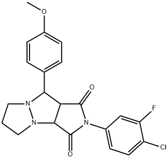 2-(4-chloro-3-fluorophenyl)-9-(4-methoxyphenyl)tetrahydro-5H-pyrazolo[1,2-a]pyrrolo[3,4-c]pyrazole-1,3(2H,3aH)-dione Struktur