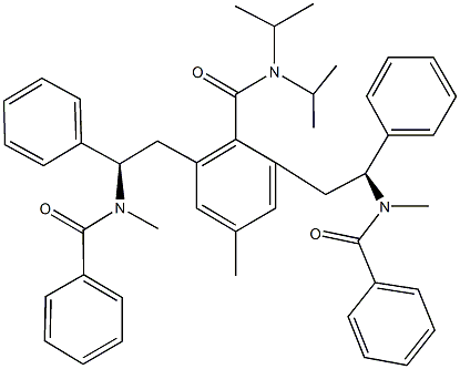 2,6-bis{2-[benzoyl(methyl)amino]-2-phenylethyl}-N,N-diisopropyl-4-methylbenzamide Struktur