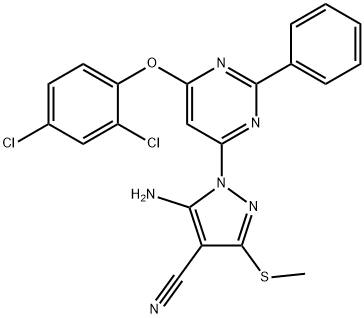 5-amino-1-[6-(2,4-dichlorophenoxy)-2-phenyl-4-pyrimidinyl]-3-(methylsulfanyl)-1H-pyrazole-4-carbonitrile Struktur