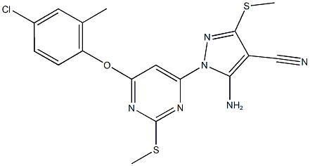 5-amino-1-[6-(4-chloro-2-methylphenoxy)-2-(methylsulfanyl)pyrimidin-4-yl]-3-(methylsulfanyl)-1H-pyrazole-4-carbonitrile Struktur