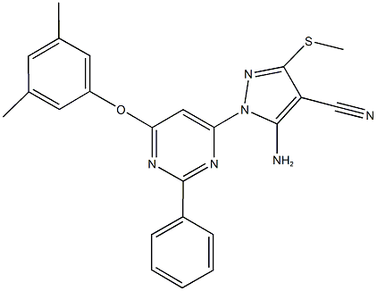 5-amino-1-[6-(3,5-dimethylphenoxy)-2-phenylpyrimidin-4-yl]-3-(methylthio)-1H-pyrazole-4-carbonitrile Struktur