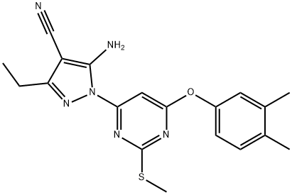 5-amino-1-[6-(3,4-dimethylphenoxy)-2-(methylsulfanyl)-4-pyrimidinyl]-3-ethyl-1H-pyrazole-4-carbonitrile Struktur