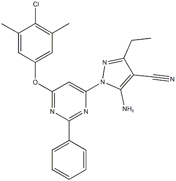 5-amino-1-[6-(4-chloro-3,5-dimethylphenoxy)-2-phenyl-4-pyrimidinyl]-3-ethyl-1H-pyrazole-4-carbonitrile Struktur