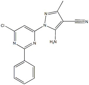 5-amino-1-(6-chloro-2-phenyl-4-pyrimidinyl)-3-methyl-1H-pyrazole-4-carbonitrile Struktur