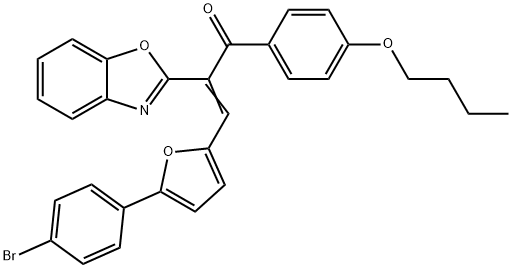 2-(1,3-benzoxazol-2-yl)-3-[5-(4-bromophenyl)-2-furyl]-1-(4-butoxyphenyl)-2-propen-1-one Struktur