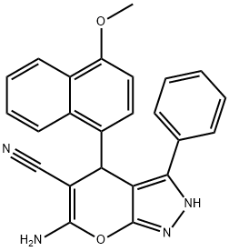 6-amino-4-[4-(methyloxy)naphthalen-1-yl]-3-phenyl-2,4-dihydropyrano[2,3-c]pyrazole-5-carbonitrile Struktur