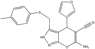 6-amino-4-(3-furyl)-3-{[(4-methylphenyl)sulfanyl]methyl}-2,4-dihydropyrano[2,3-c]pyrazole-5-carbonitrile Struktur