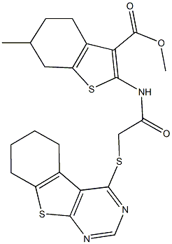 methyl 6-methyl-2-{[(5,6,7,8-tetrahydro[1]benzothieno[2,3-d]pyrimidin-4-ylsulfanyl)acetyl]amino}-4,5,6,7-tetrahydro-1-benzothiophene-3-carboxylate Struktur