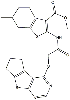 methyl 2-{[(6,7-dihydro-5H-cyclopenta[4,5]thieno[2,3-d]pyrimidin-4-ylsulfanyl)acetyl]amino}-6-methyl-4,5,6,7-tetrahydro-1-benzothiophene-3-carboxylate Struktur