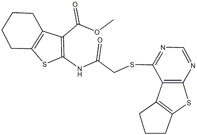 methyl 2-{[(6,7-dihydro-5H-cyclopenta[4,5]thieno[2,3-d]pyrimidin-4-ylsulfanyl)acetyl]amino}-4,5,6,7-tetrahydro-1-benzothiophene-3-carboxylate Struktur