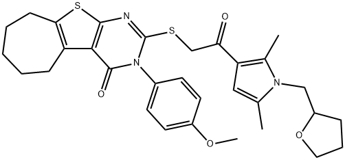 2-({2-[2,5-dimethyl-1-(tetrahydrofuran-2-ylmethyl)-1H-pyrrol-3-yl]-2-oxoethyl}sulfanyl)-3-(4-methoxyphenyl)-3,5,6,7,8,9-hexahydro-4H-cyclohepta[4,5]thieno[2,3-d]pyrimidin-4-one Struktur