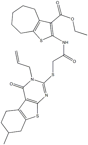 ethyl 2-({[(3-allyl-7-methyl-4-oxo-3,4,5,6,7,8-hexahydro[1]benzothieno[2,3-d]pyrimidin-2-yl)sulfanyl]acetyl}amino)-5,6,7,8-tetrahydro-4H-cyclohepta[b]thiophene-3-carboxylate Struktur