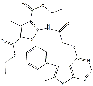 diethyl 3-methyl-5-({[(6-methyl-5-phenylthieno[2,3-d]pyrimidin-4-yl)sulfanyl]acetyl}amino)-2,4-thiophenedicarboxylate Struktur