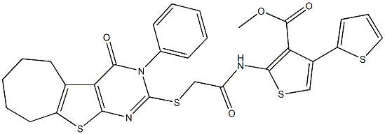 methyl 2-({[(4-oxo-3-phenyl-3,5,6,7,8,9-hexahydro-4H-cyclohepta[4,5]thieno[2,3-d]pyrimidin-2-yl)sulfanyl]acetyl}amino)-2',4-bithiophene-3-carboxylate Struktur